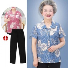 中老年人短袖女老年妈妈衬衫两件套60岁70太太上衣服奶奶夏装套装