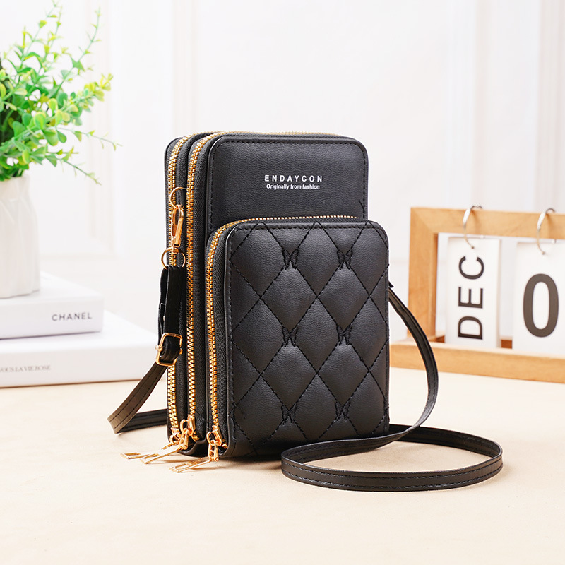 New Mobile Phone Bag Women's Korean-Style Fashionable Multi-Functional Mini Crossbody Shoulder Bag Three-Layer Zipper Solid Color Simple Wallet