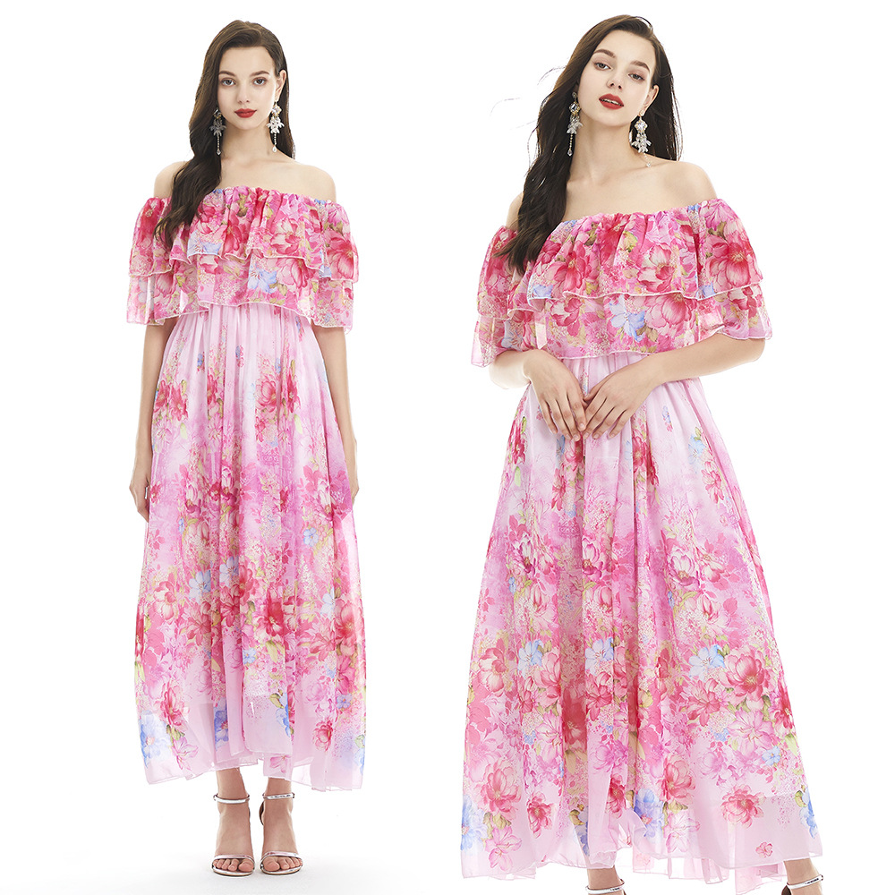 2024年一字肩两穿度假风花卉印花长袖海边收腰连衣长裙-阿里巴巴