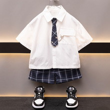 儿童白衬衫套装夏季领带2024新款宝宝学院风韩版潮流男童短袖夏装