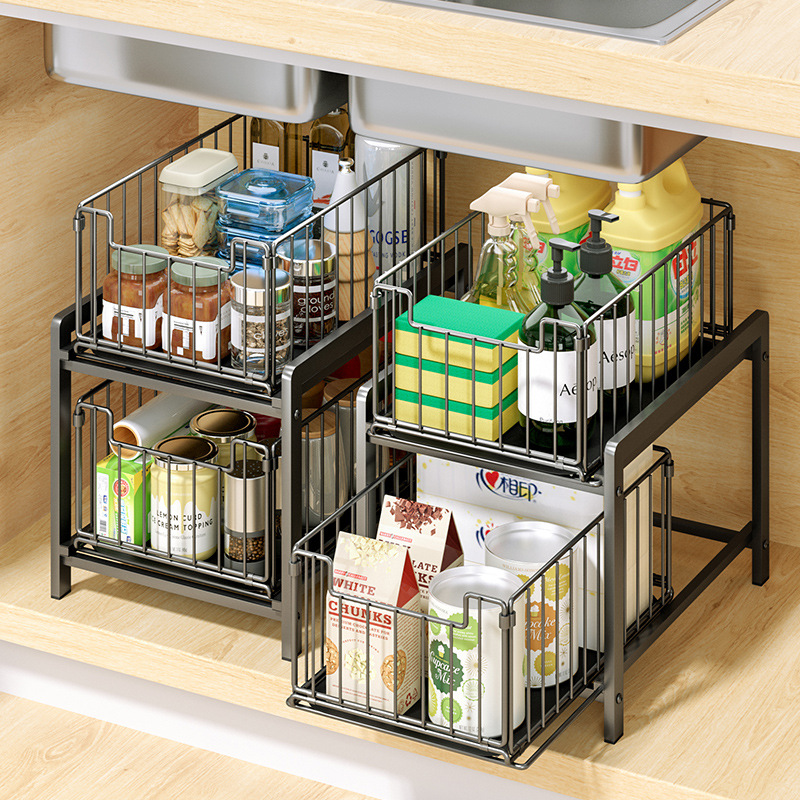 kitchen sink storage rack double-layer drawable storage rack cabinet built-in shelf bathroom drawer organizing rack