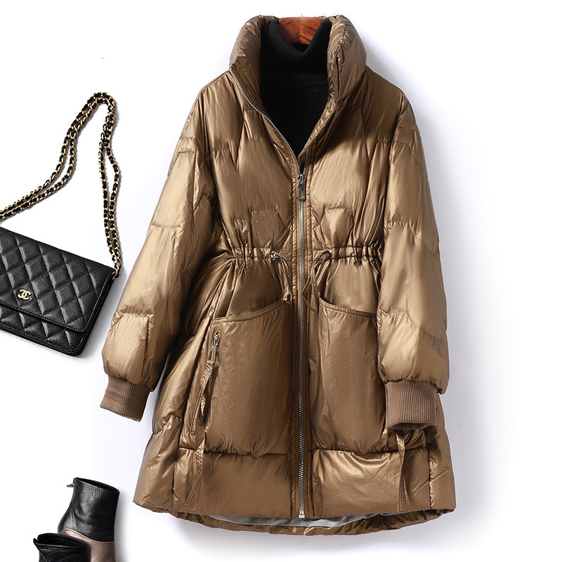 立领羽绒服女2024年冬装韩版亮面中长款抽绳收腰白鸭绒外套7081