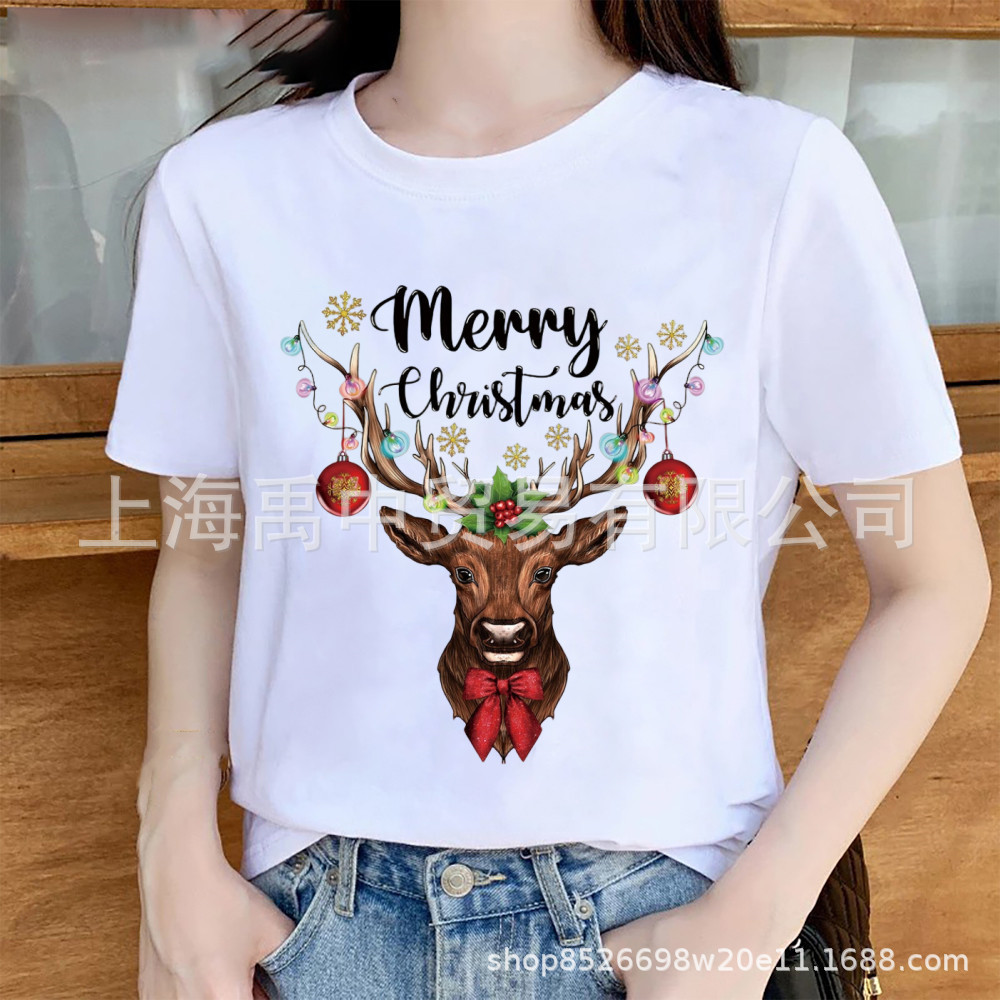 跨境专供老人圣诞节印花圆领短袖 热转印 t恤