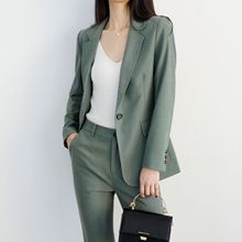 日系风2024春季女装新款豌豆绿干练气质小西装修身中长款外套西服