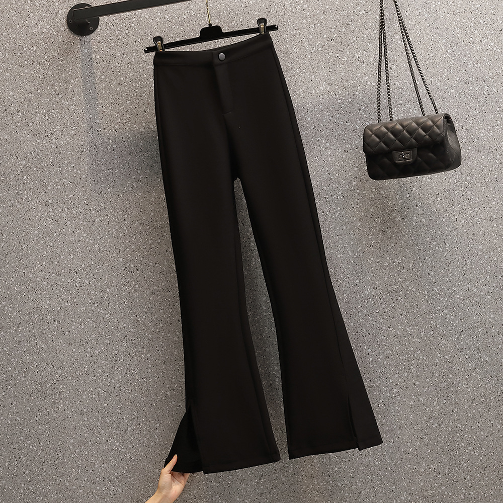 大码女装2022夏装新款胖mm韩版时尚开叉显瘦显腿长利器黑裤子长裤