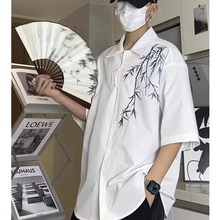 新中式男装高级感中国风短袖衬衫冰丝盘口竹叶刺绣五分袖衬衣唐装