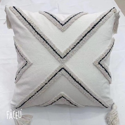 Pure Cotton Tufted Embroidery Geometric Home Sofa Pillow Cases Cotton Braided Loop Velvet Bed Pillow Decorative Tassels