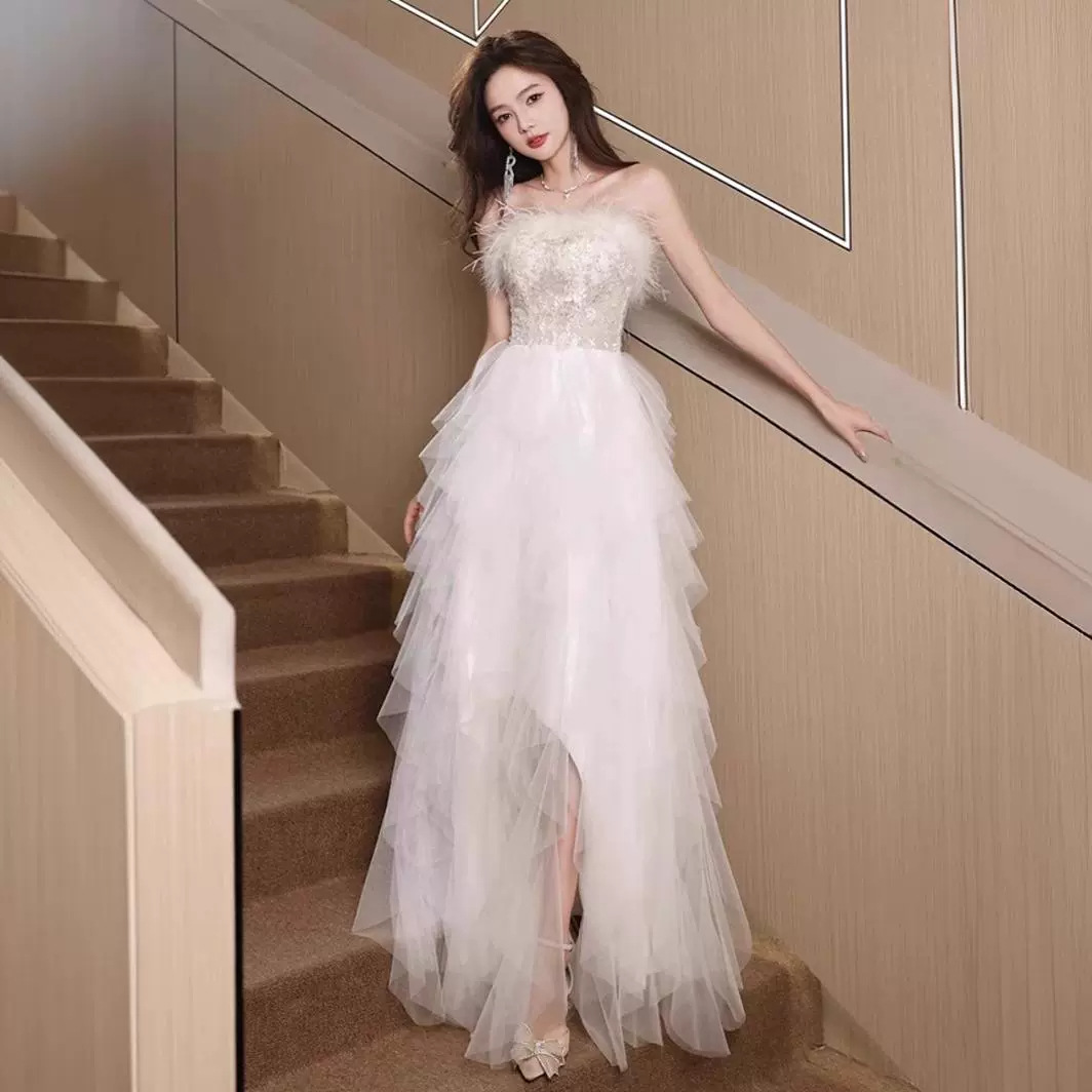 白色晚礼服2024新款抹胸生日宴会主持人演出演出服成人礼公主裙夏