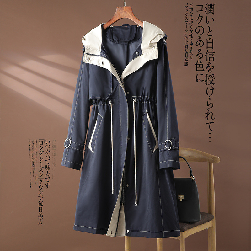 连帽风衣外套2023秋季新款时尚腰部抽绳收腰中长款工装大衣女8522