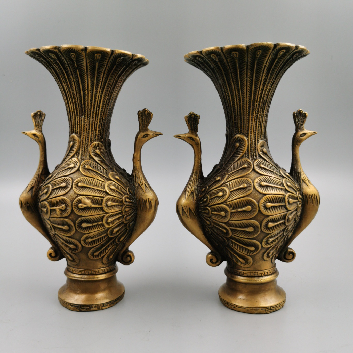 批发古玩杂项仿古黄铜花瓶古玩收藏批发 黄铜孔雀花瓶摆件工艺品