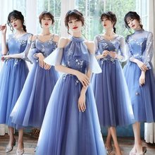 蓝色伴娘服2024新款高级感平时可穿姐妹团礼服女小个子连衣裙夏季