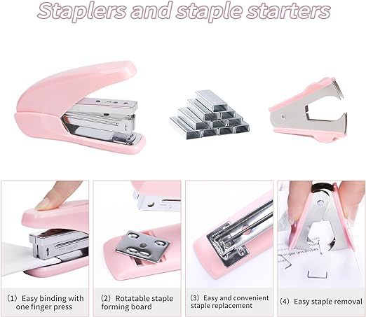 Cross-Border Pink Office Supplies Accessories Combination Labor-Saving Stapler Nail Puller Index Sticker Paper Clip Scissors Set