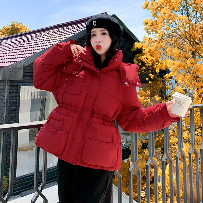 亚马逊短款棉衣女2024冬新款连帽休闲收腰羽绒棉服修身厚棉袄外套