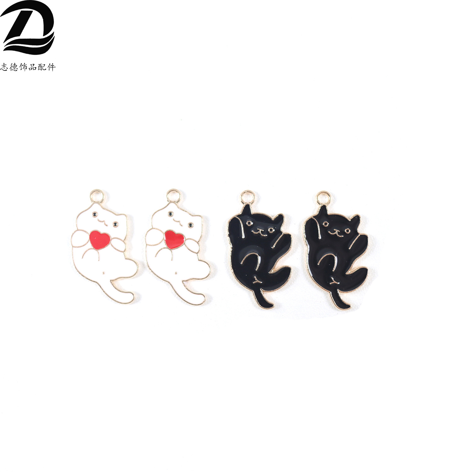厂家批发 黑白爱心猫咪卡通滴油合金饰品配件皮筋项链挂件吊坠