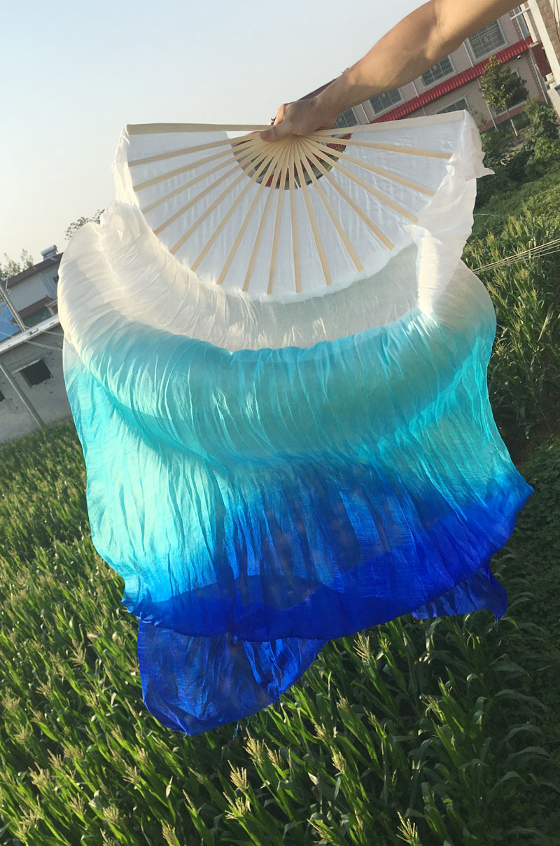 真丝扇子肚皮舞双扇加长舞蹈扇子长绸扇真丝长扇 白色 湖蓝 宝蓝