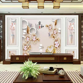 新款自带边框五宫格中式家和富贵壁画墙布10d电视背景墙自粘