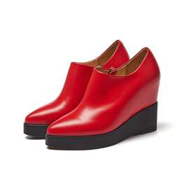 红色超高跟坡跟尖头深口单鞋女内增高春秋款一脚蹬拉链女鞋潮裸鞋