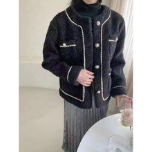 现货2023秋冬装韩国小香风气质珍珠单排扣毛绒短外套女