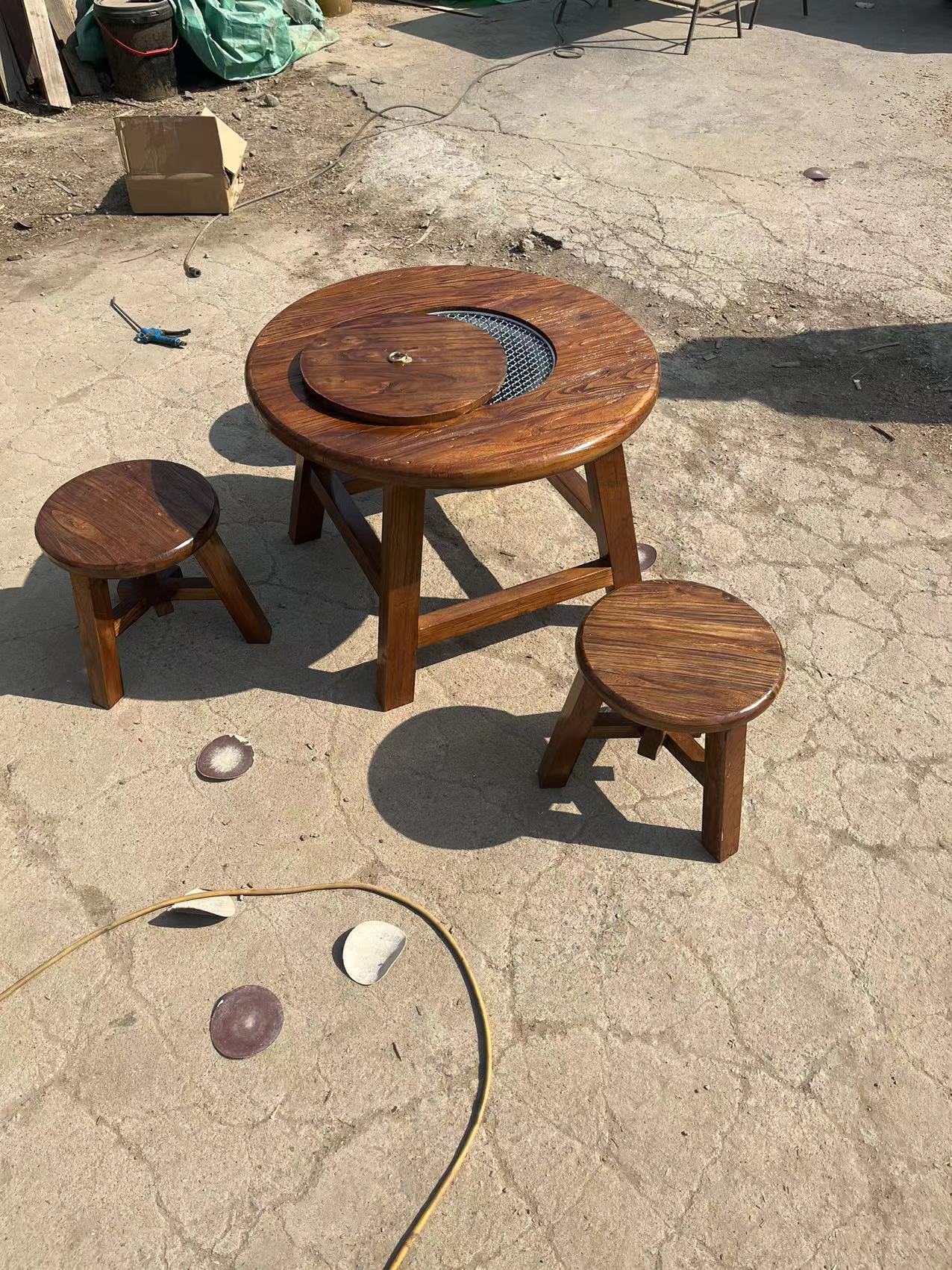 榆木火锅桌家用炭烧烧烤桌户外庭院小户型客厅老榆木炭烧桌