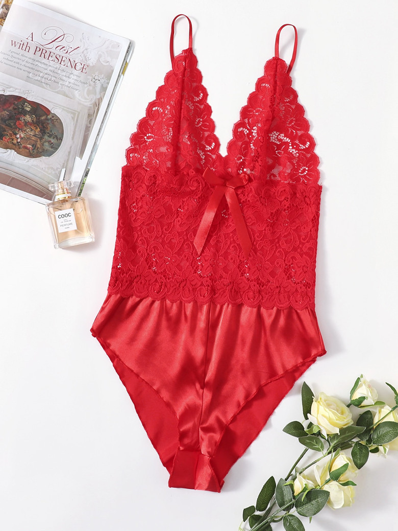 wish速卖通吊带连体女装 大红色丁撞蕾丝 连体睡衣内衣批发代发