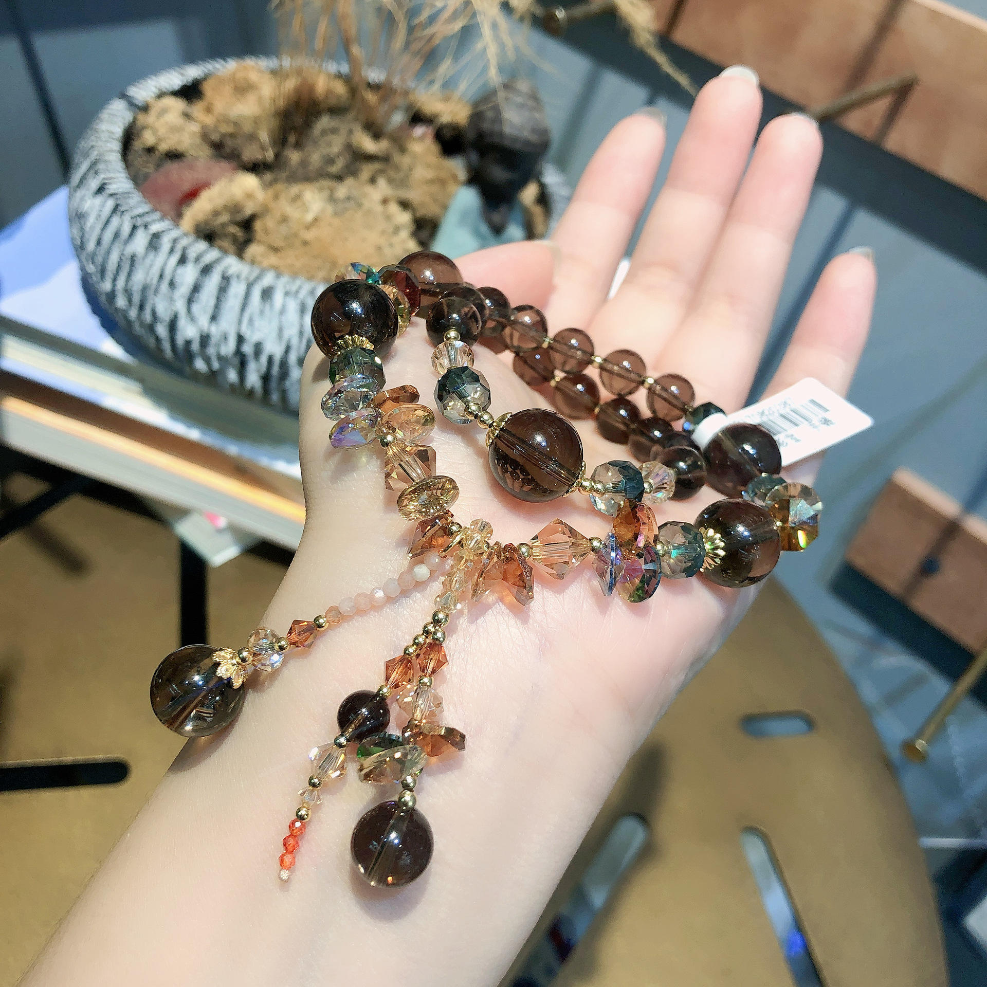 茶晶凤羽幽灵金发晶手链两圈奥地利水晶手串手工串珠饰品配饰首饰