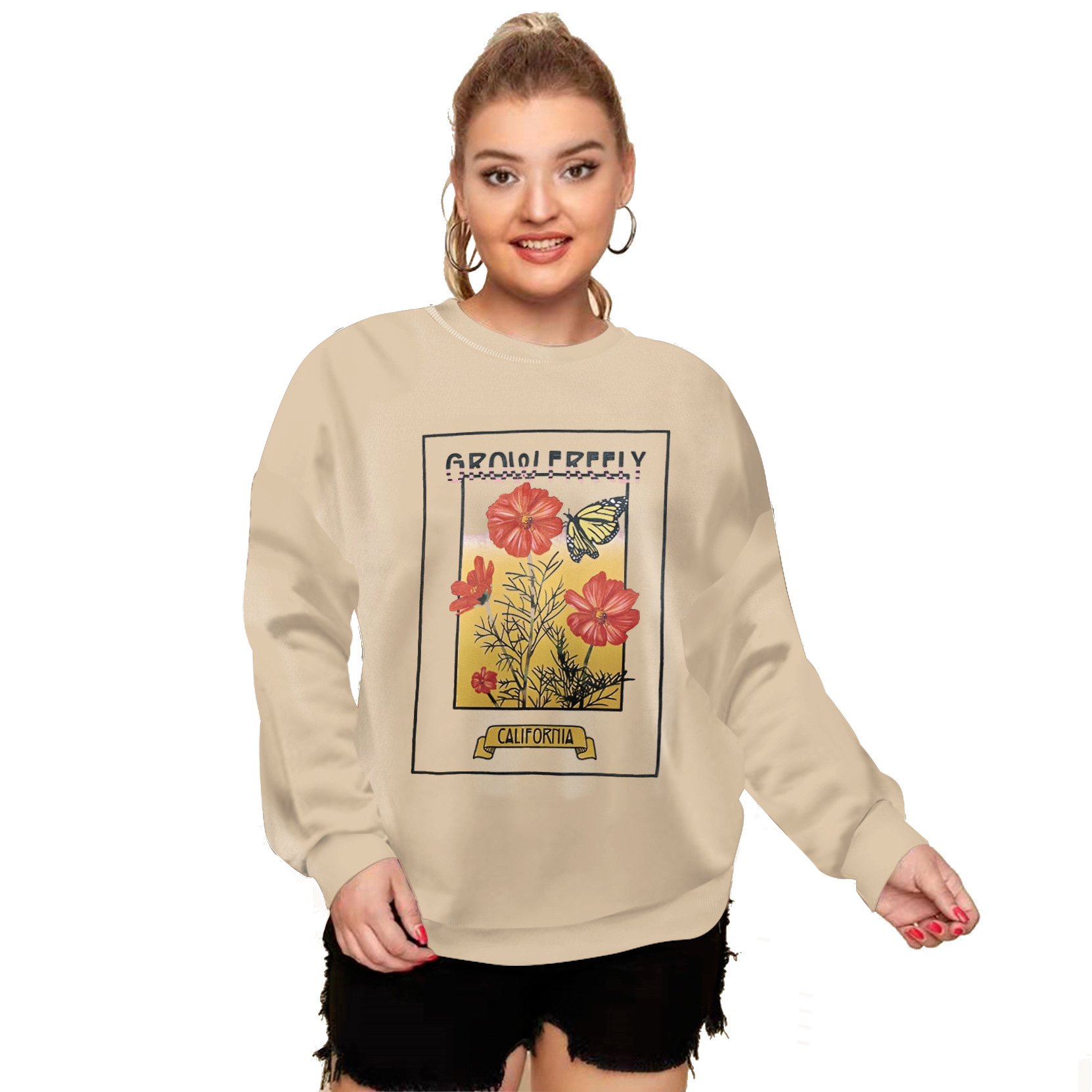 2021新品蝴蝶花卉印花卫衣女落肩套头圆领大码宽松长袖卫衣