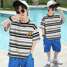 外贸男童夏季套装2024新款儿童装洋气运动休闲条纹短袖T恤两件套A