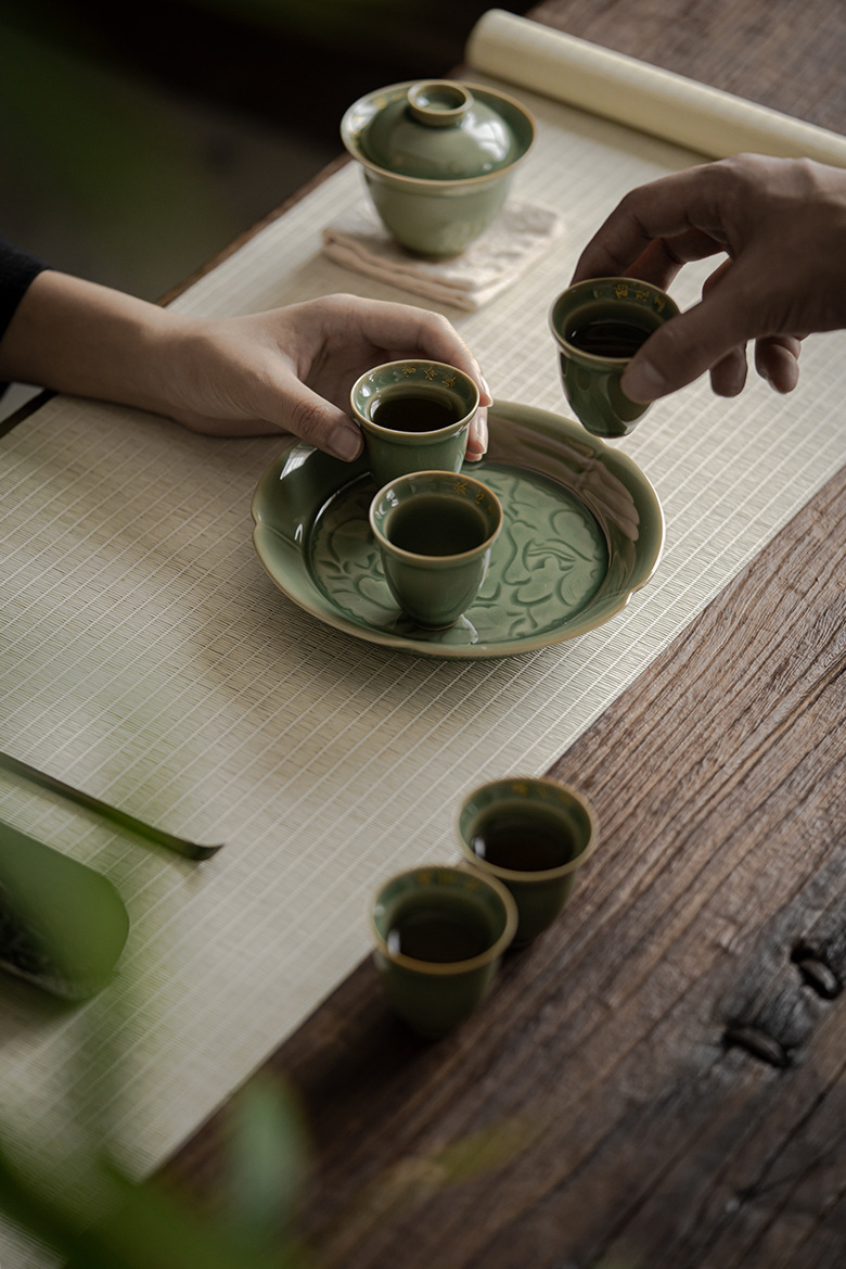 梅子青拟古品茗杯 禅意感悟陶瓷聚香喝茶单杯 手写题字茶杯