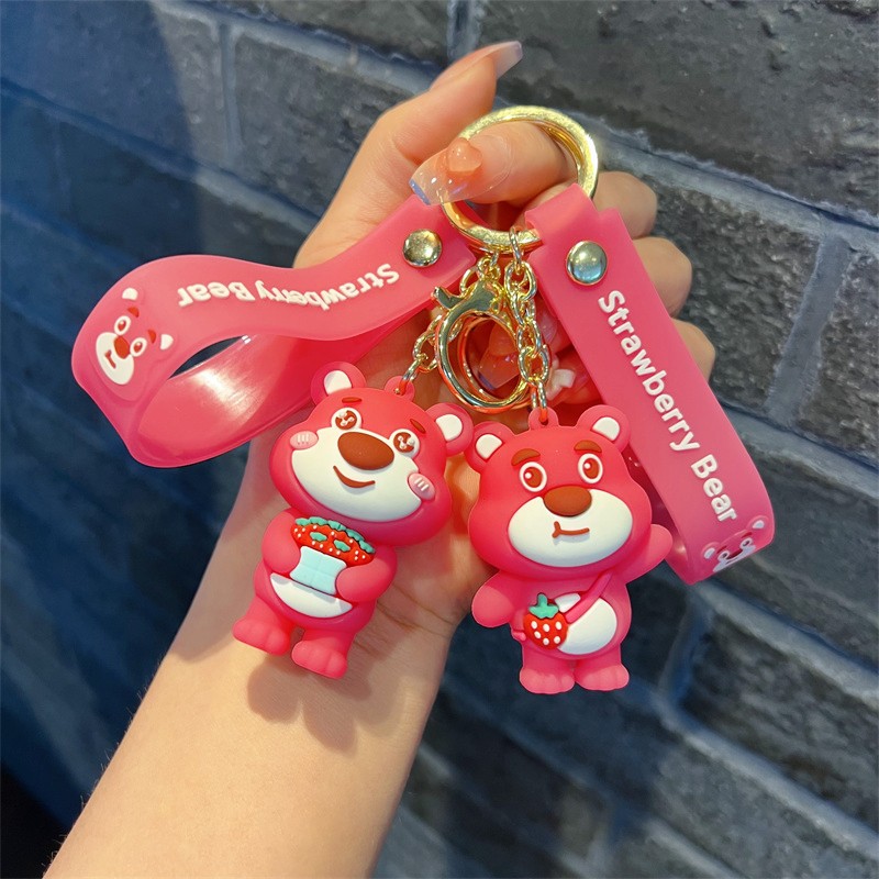 Creative Cartoon Strawberry Bear Keychain Cute Pink Strawberry Bear Key Chain Men and Women Handbag Pendant Wholesale Gifts