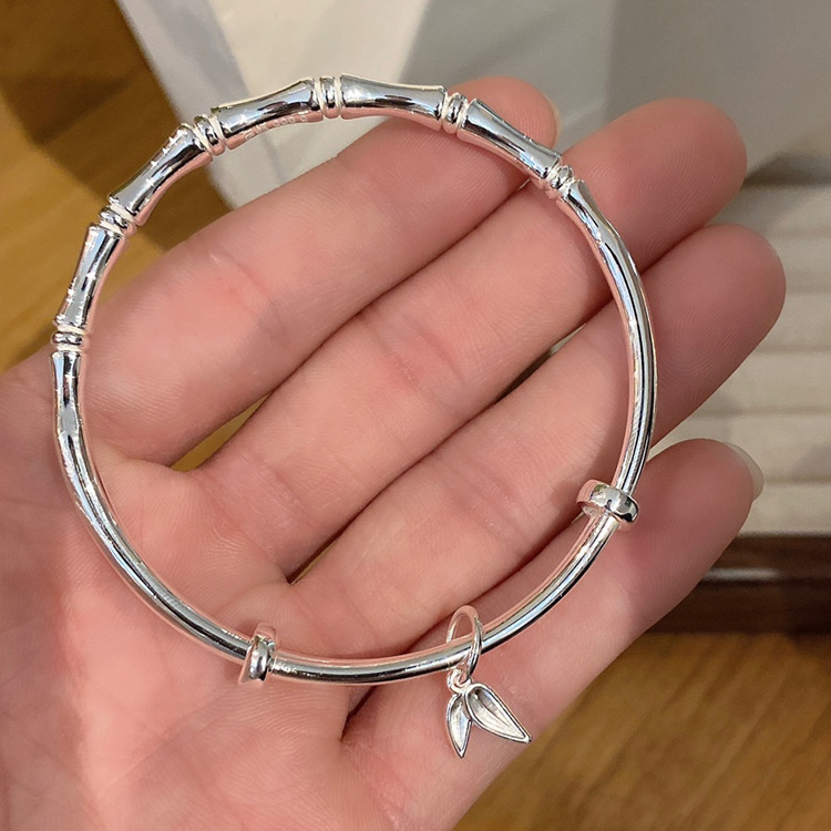 光面推拉竹节吊竹叶 纯银手镯9999足银手镯 银饰品 女生手细-阿里巴巴