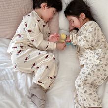 2023秋季新款儿童韩版华夫格男女童纯棉家居服套装两件套