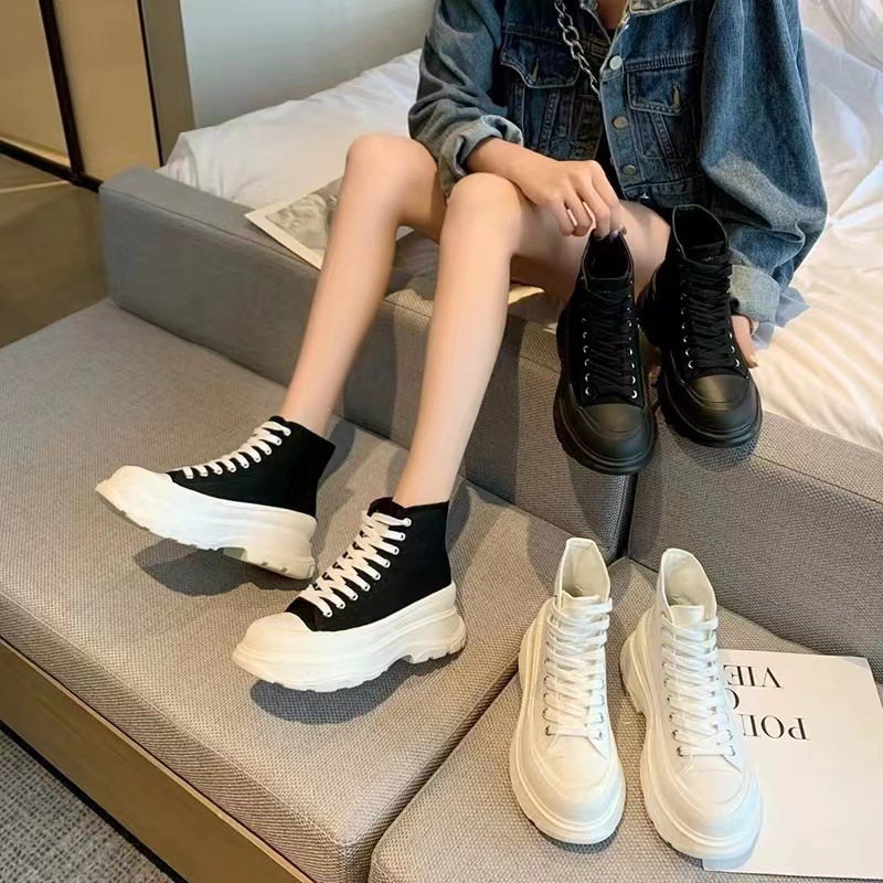 麦昆高帮帆布鞋女2022秋冬新款厚底松糕百搭情侣鞋增高休闲小白鞋