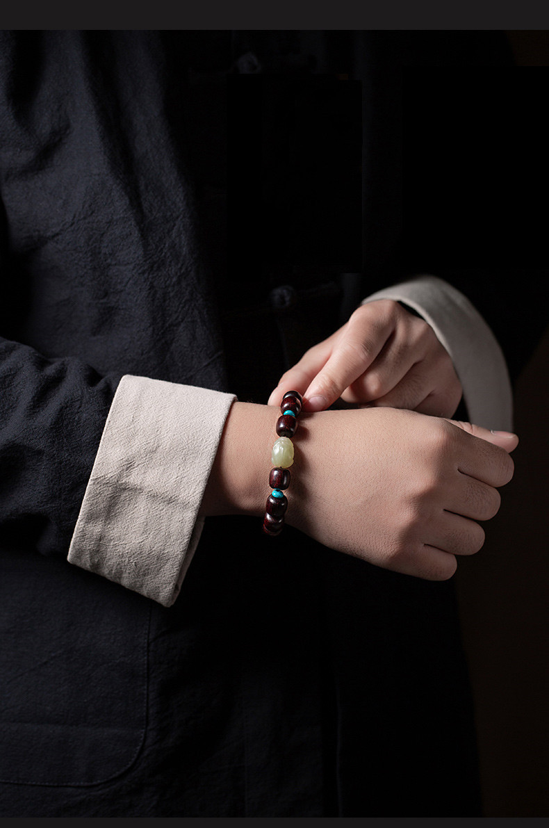 小叶紫檀男士手串12mm搭配和田玉貔貅文玩佛珠手链盘玩念珠饰品