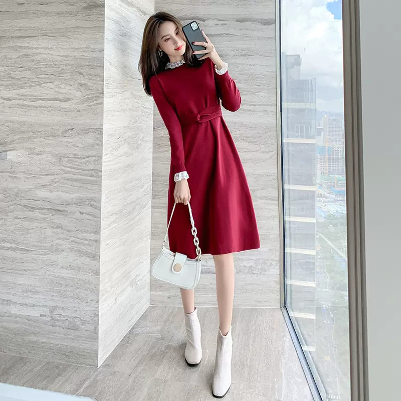 红色针织连衣裙秋冬配大衣2022年新款女装冬季毛衣打底裙子内搭裙