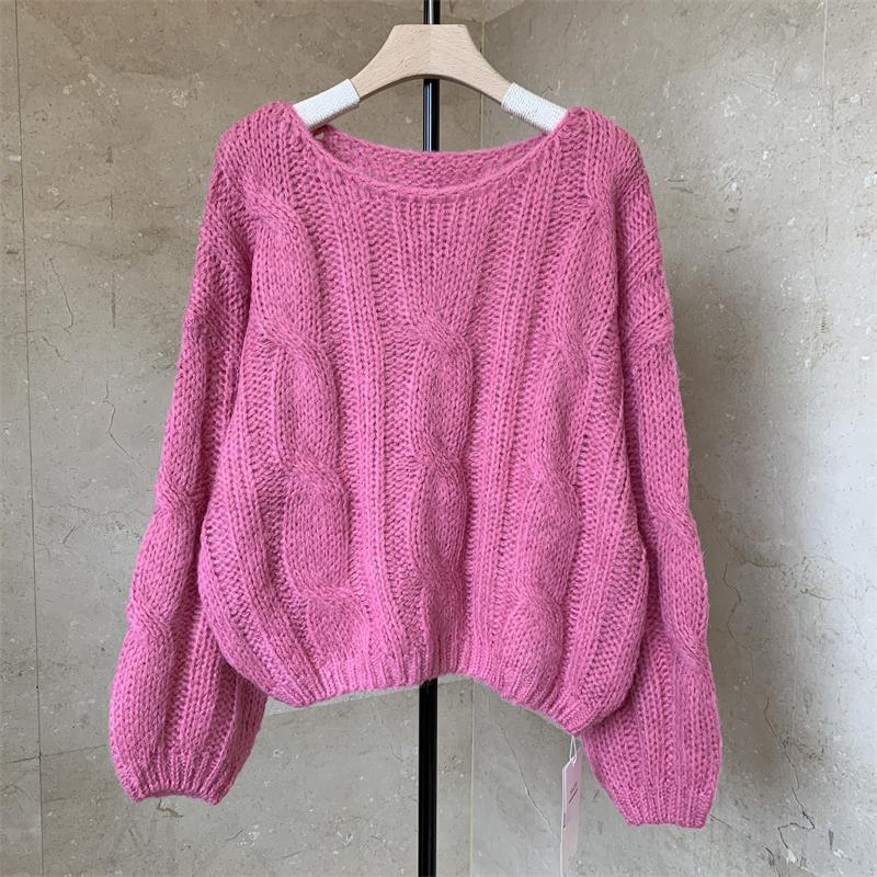 秋冬季圆领粗织麻花毛线衫宽松短款针织衫纯色套头长袖毛衣女