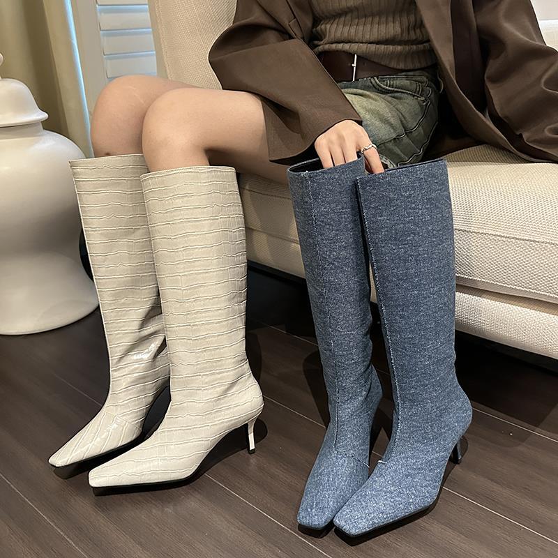 2023秋冬小众气质小方头高筒靴英伦风细跟高跟长筒靴纯色百搭马靴