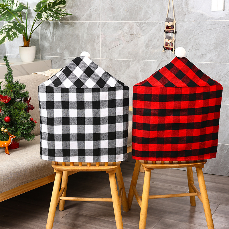 Christmas New Home Decoration Checked Cloth White Fur Ball Chair Cover Christmas Atmosphere Layout Chair Cover Hotel Decoration