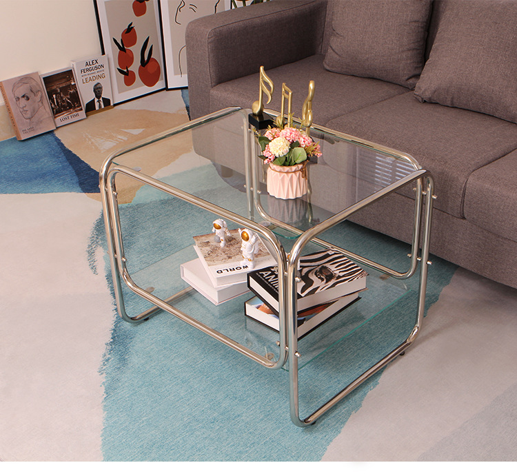 304不锈钢钢化玻璃茶几ins客厅中古茶桌北欧网红透明桌子沙发边几