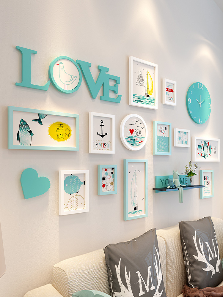 墙上相册墙创意照片墙客厅沙发背景画设计带钟表挂墙ins风格北欧