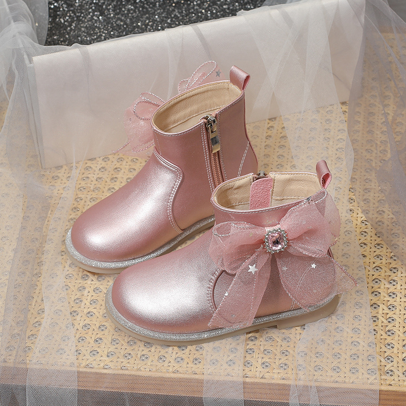 女童公主靴2021年秋冬新款儿童网红蝴蝶结小皮靴宝宝软底短靴单靴