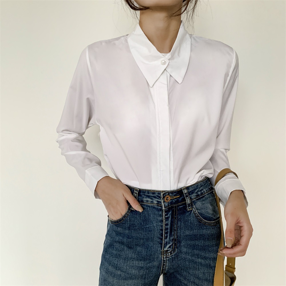 新款通勤白色内搭衬衣女 薄款透气修身上衣小众设计珍珠领扣衬衫