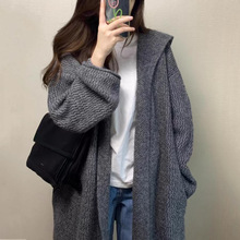 慵懒风灰色连帽针织衫开衫女2024年秋冬复古风中长款无扣毛衣外套