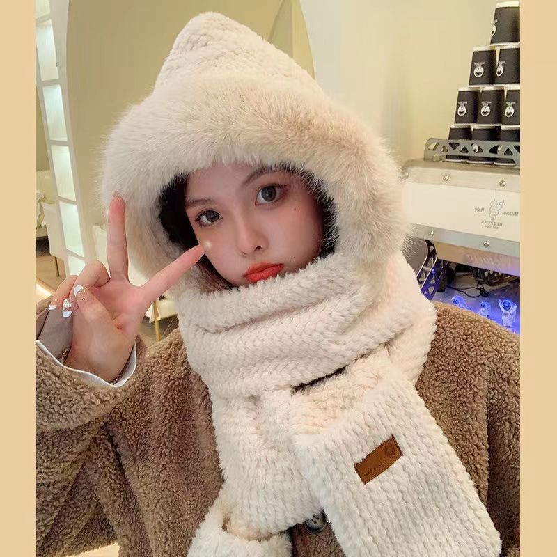 Plush Hat Scarf Gloves Three-in-One Women's Autumn and Winter Riding Warm Earmuffs Thickened Warm Scarf Cute