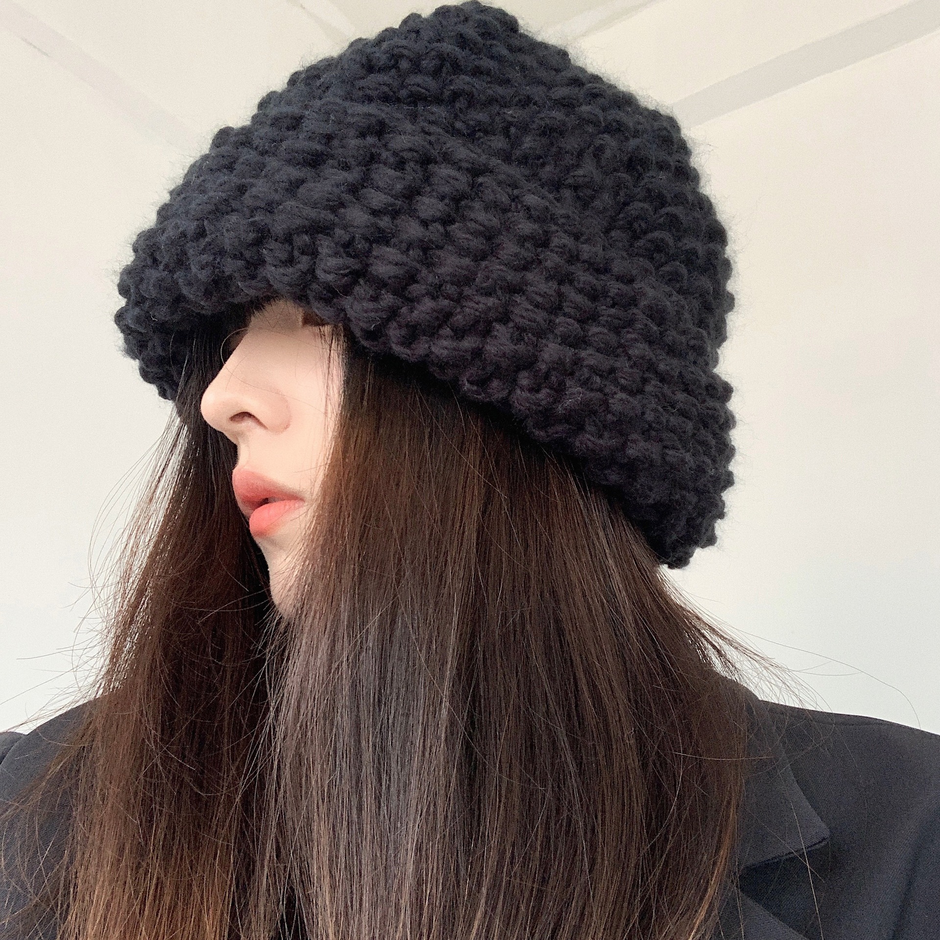 粗针织菠萝花纹毛线帽ins冬天百搭大头围克莱因蓝帽子女潮显脸小