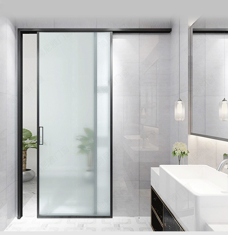 窄边卫生间推拉门单扇吊轨厨房隔断钛镁合金钢化磨砂玻璃移门