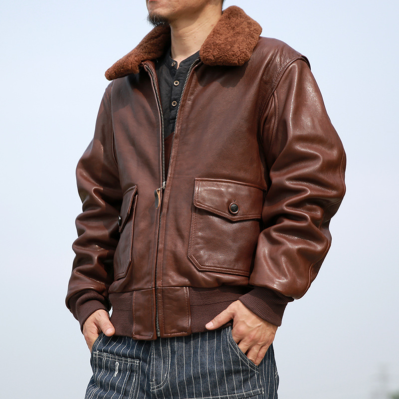 进口美国头层油蜡植鞣黄牛皮飞行服男可拆卸羊毛领真皮夹克-阿里巴巴