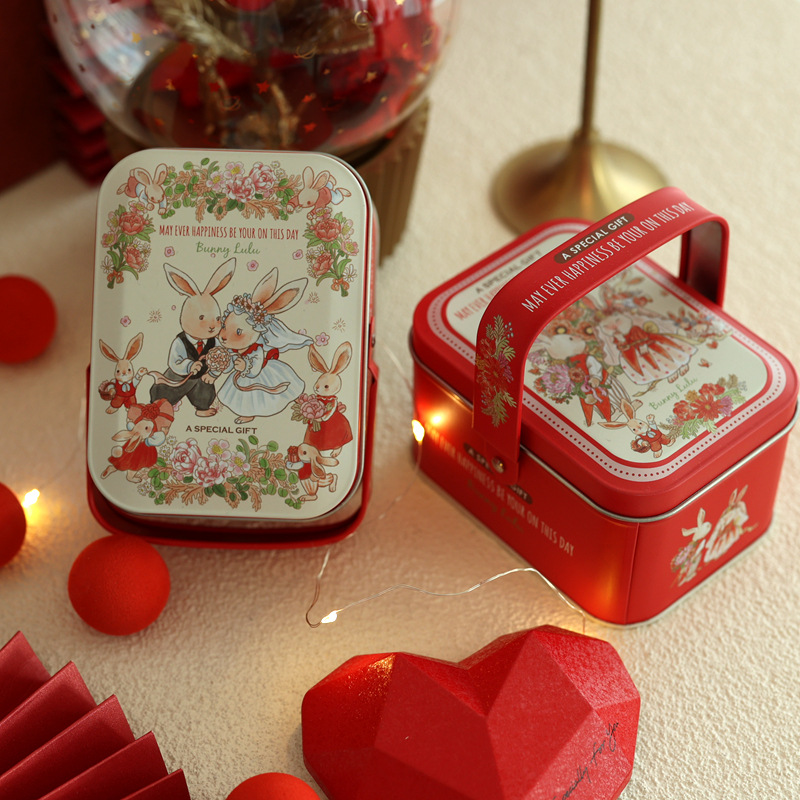 原创红色Bunny lulu邦尼兔夫妇手提铁盒喜糖盒子创意铁盒糖果结婚