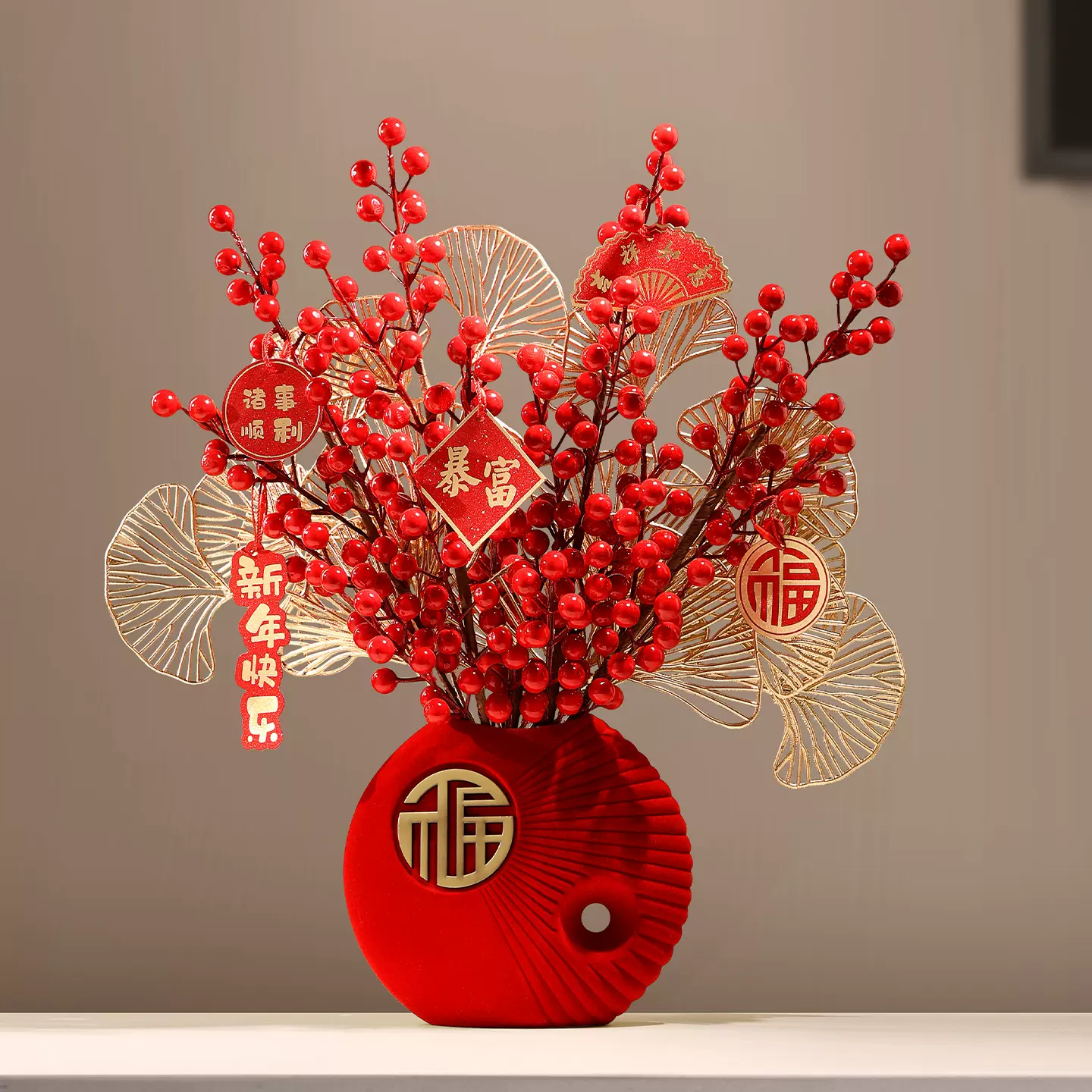 新中式年宵花植绒花瓶装饰摆件客厅马年春节喜庆福桶新年乔迁装饰