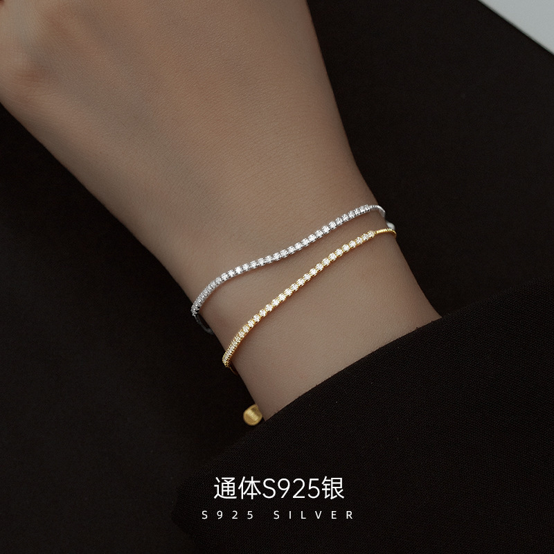 s925纯银单排钻手链女精致小众简约爆款金色新潮盒子链手饰品