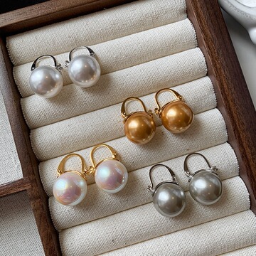 s925纯银正圆施家珍珠简约小众茶壶设计复古气质耳钉女高级感耳扣